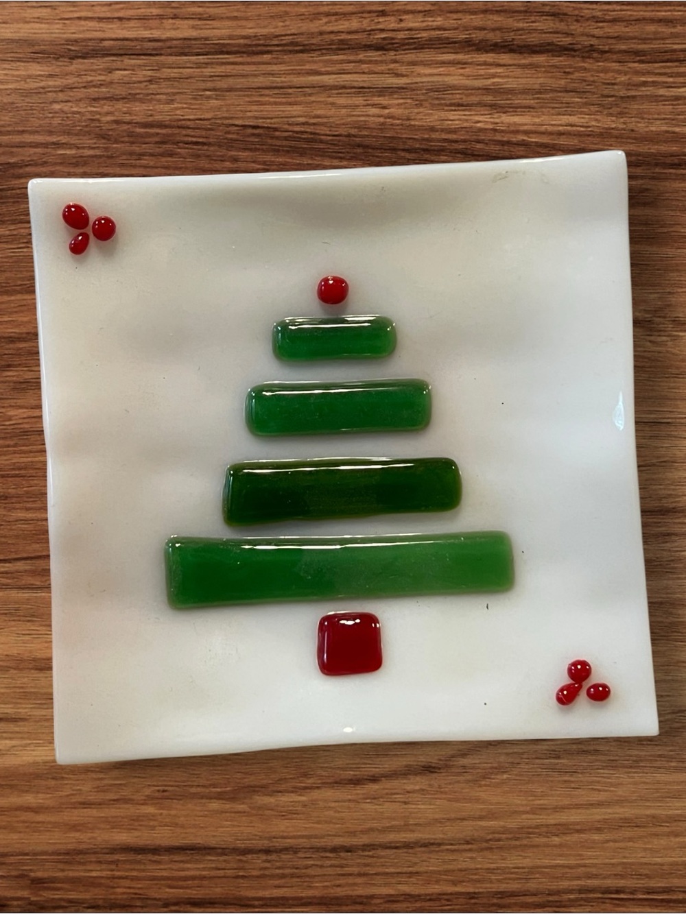 Fused Glass Christmas Tree Square Trinket Dish Plate 5” x 5”